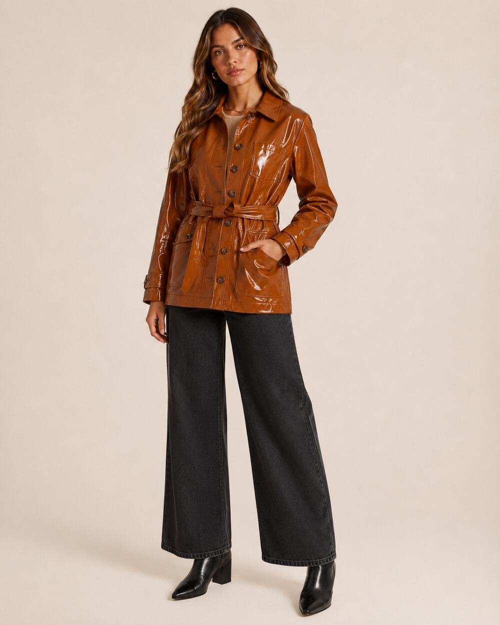 Topshop Brown Faux Patent Leather Trench Coat Jacket Womens 8 Preppy Fall Classy